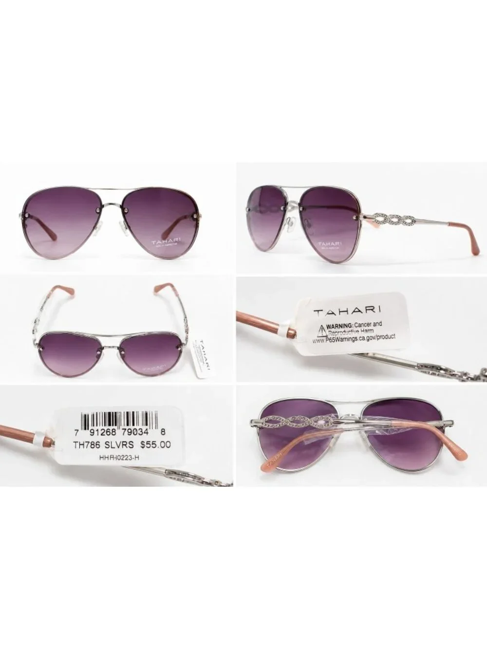 Tahari Women's Aviator Sunglasses Silver Purple Gradient Rhinestone Temple NWT U